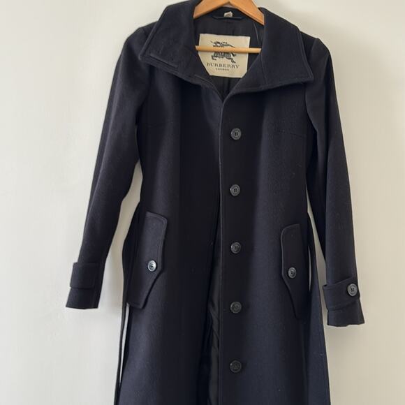 Burberry London Cashmere Virgin Wool Belt Long Winter Pea Coat Black Size 2 - Picture 4 of 11